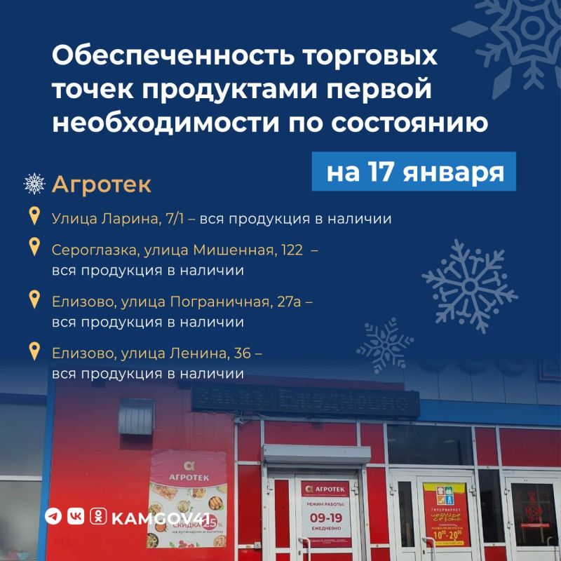 Правительство Камчатского края продолжает постоянный мониторинг обеспеченности торговых точек региона основными продуктами питания