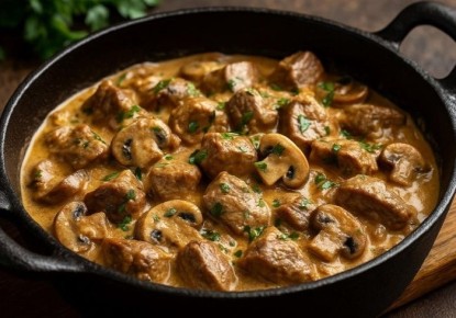 С волшебным ароматом: свинина с грибами и сметаной на сковороде