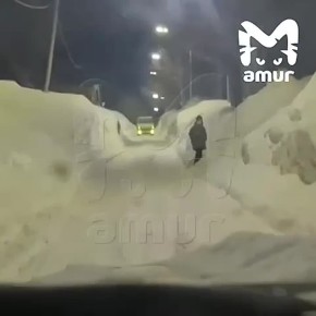 Втискиваться в двухметровые сугробы приходится школьникам по дороге на занятия в Петропавловске-Камчатском