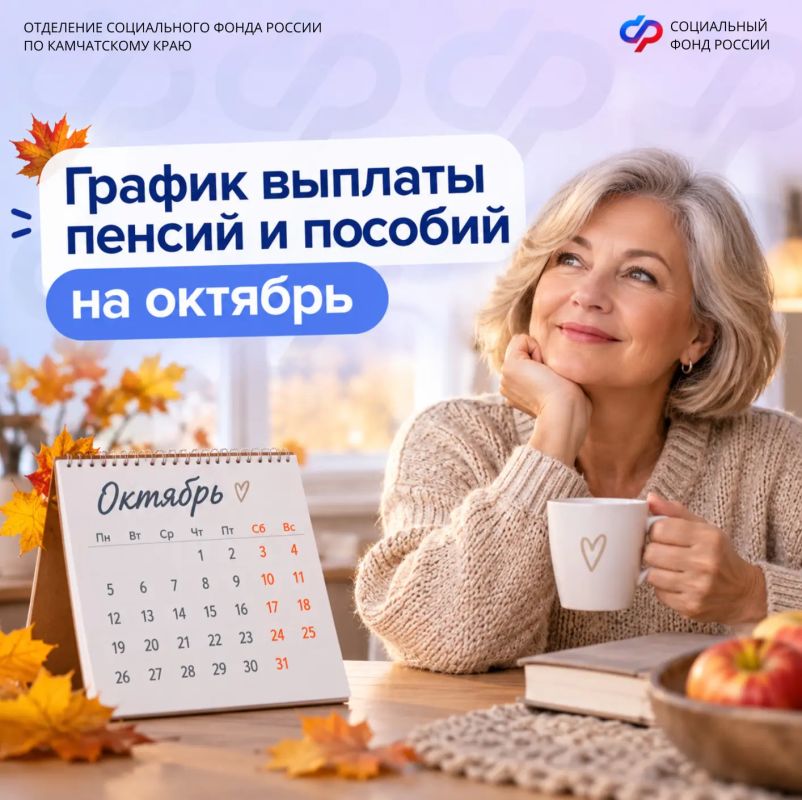В октябре Отделение СФР по Камчатскому краю перечислит пенсии и пособии по следующему графику: